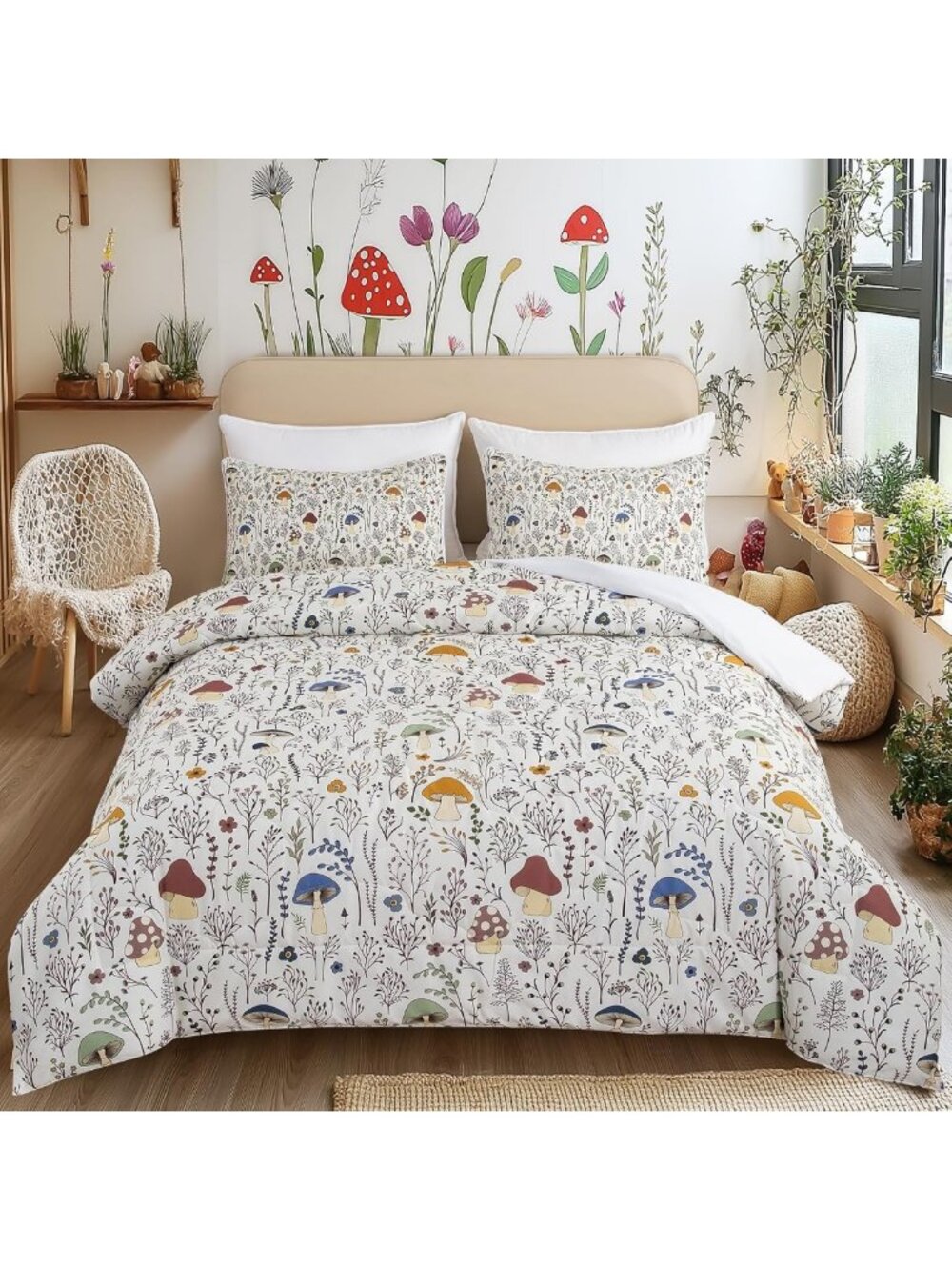 Colorful Mushroom Comforter Set - 3 Piece Twin Bedding, Aesthetic Room Decor for